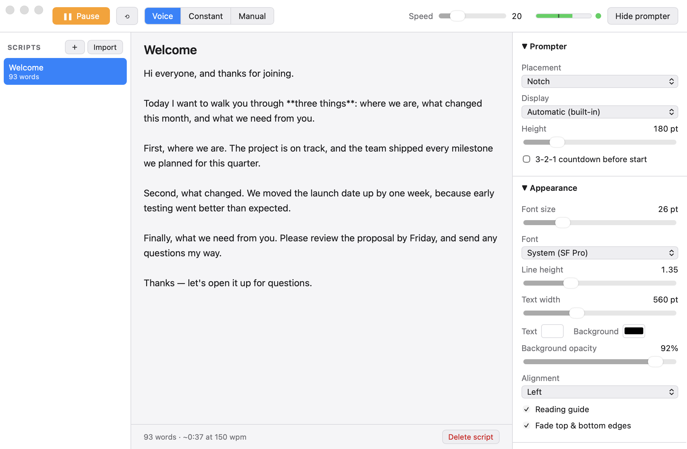 The Cue editor: a script list, the script text, playback controls with a live microphone level meter, and appearance settings.